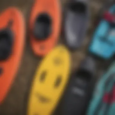 Close-up of various bodyboarding equipment and accessories