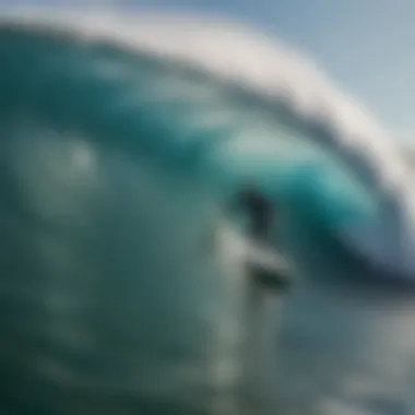 A skilled surfer expertly navigating through a massive wave, showcasing the balance and technique required in big wave surfing.