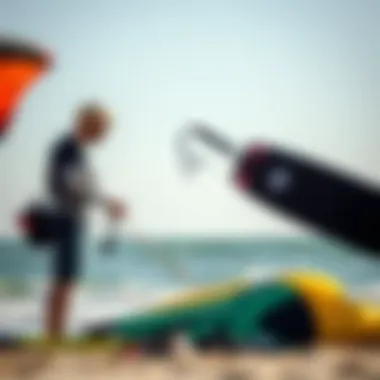 Kitesurfing enthusiast evaluating gear on the beach