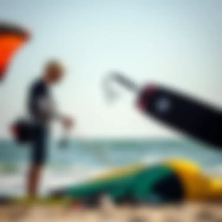 Kitesurfing enthusiast evaluating gear on the beach