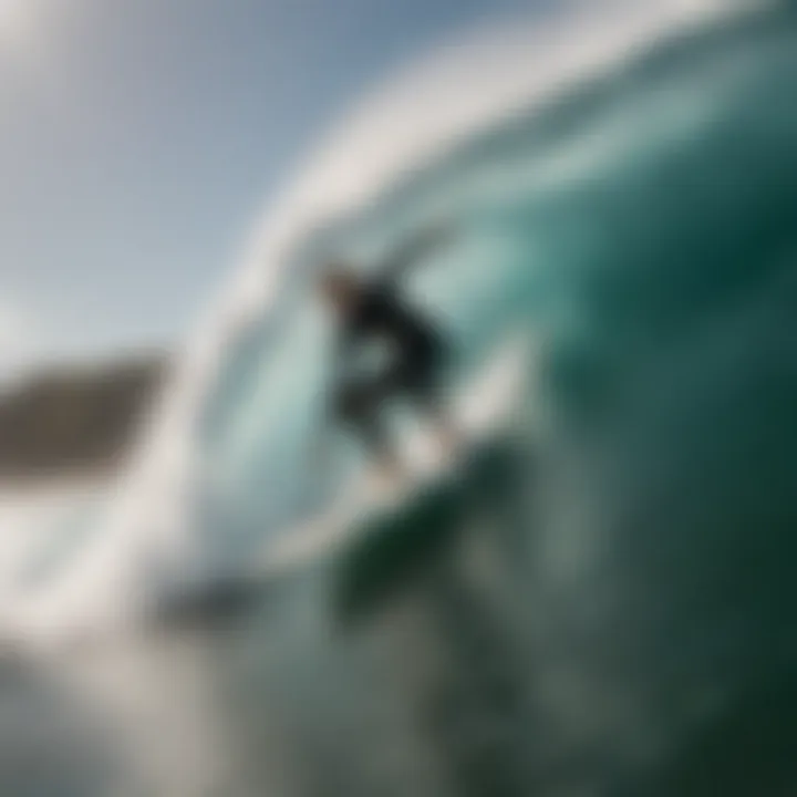 A surfer riding a wave with a single fin surfboard, demonstrating performance in action.