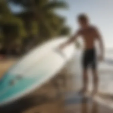 Surfer demonstrating techniques for maintaining surfboard performance