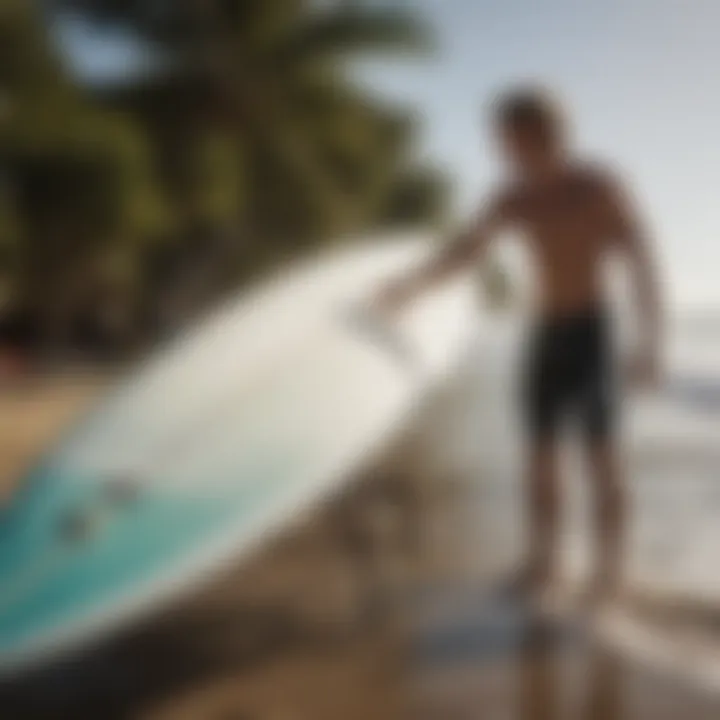 Surfer demonstrating techniques for maintaining surfboard performance