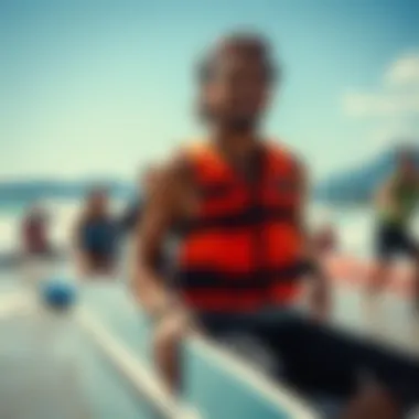 Water Sports Enthusiasts Enjoying Safe Adventures A serene beach setting showcasing various water sports enthusiasts