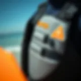 Detailed Features of a Surf Buoyancy Vest A close-up view of a surf buoyancy vest highlighting its unique features