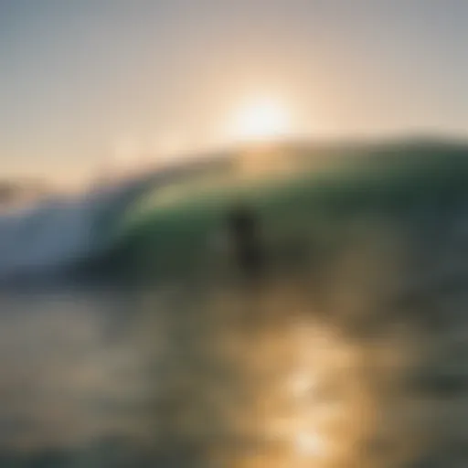 A surfer catching a wave at sunrise