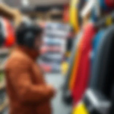 A knowledgeable staff member providing expert advice to a customer in a watersports shop