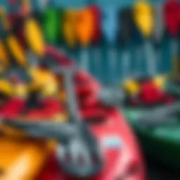 A vibrant display of kayaking gear showcasing various paddles and life vests