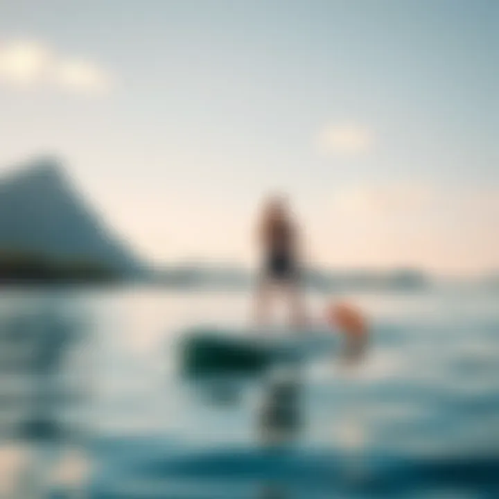 A serene scene of paddleboarding on calm waters with scenic nature in the background