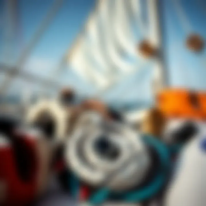 A collection of sailing accessories including sails, ropes, and navigational tools