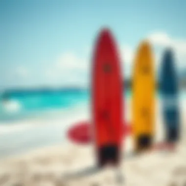 Vibrant beach scene with bodyboards ready for action