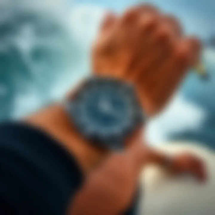 Surfer wearing a rugged surf watch during an adventure