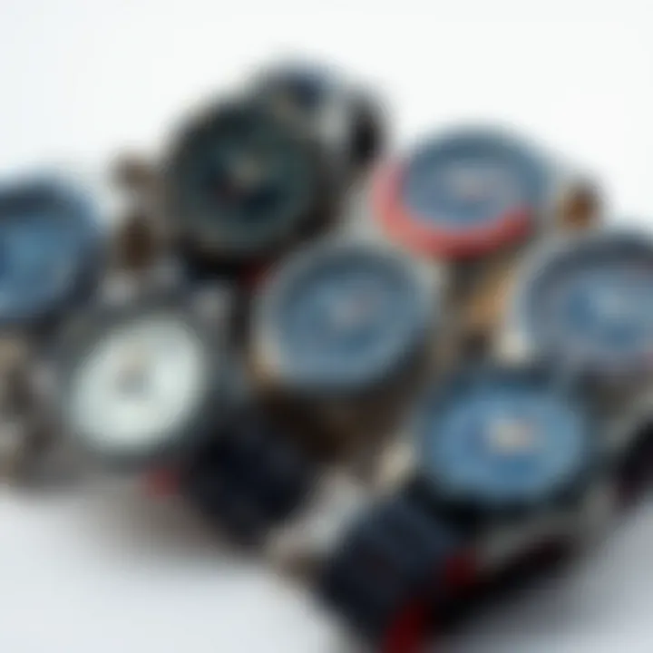 Different styles of surf watches displayed together