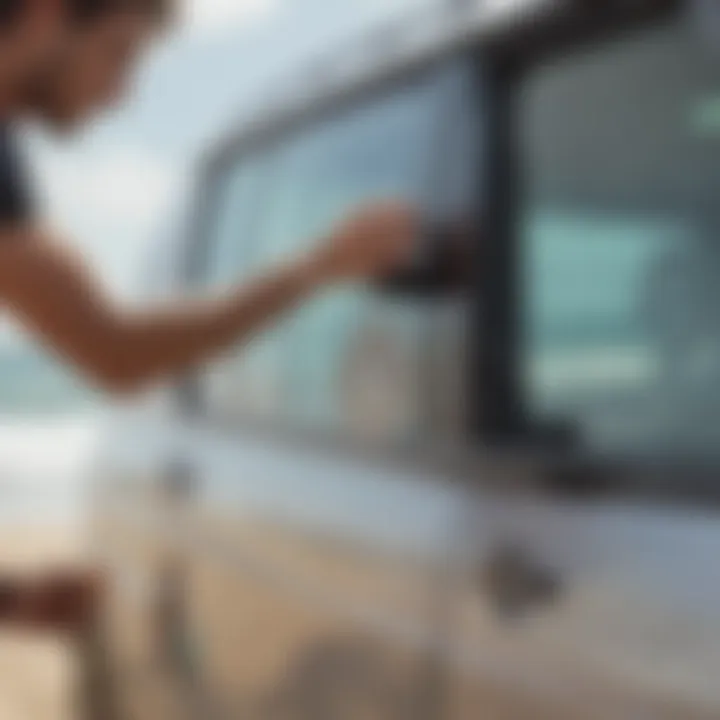 Close-up of a surfer applying a sticker to their vehicle