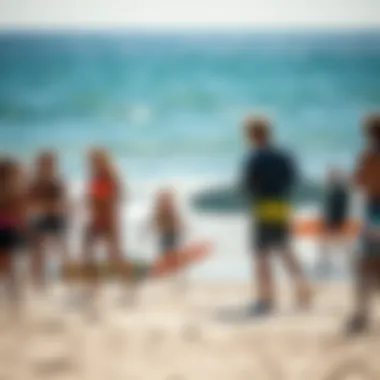 Vibrant Community of Wingfoil Surfing Enthusiasts A vibrant wingfoil surfing community gathered at a sunny beach, enjoying the sport together.