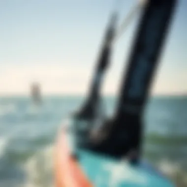 Detailed View of Hydrofoil and Wing Design A close-up of a hydrofoil and wing setup, demonstrating the intricate design of wingfoil surfing gear.