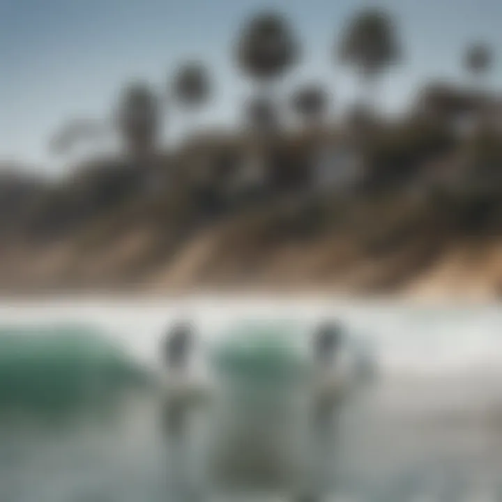 A picturesque view of a San Diego beach with surfers catching waves, embodying local surf culture.