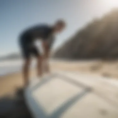 An experienced surfer inspecting a used surfboard, considering its condition and value.