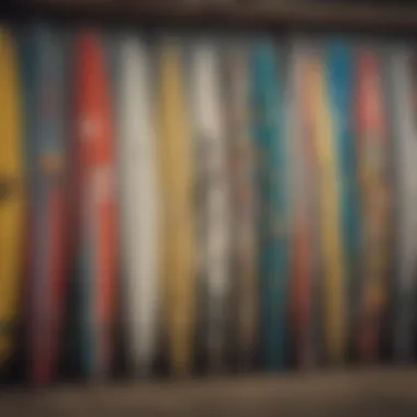 A vibrant display of used surfboards lined up for sale at a local shop in San Diego.