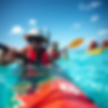 Adventurers engaging in thrilling water sports like snorkeling and kayaking in crystal-clear waters