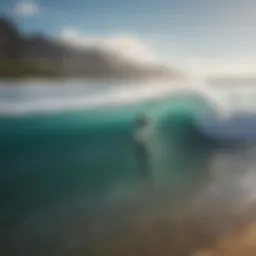 A stunning view of a Hawaiian beach with surfers riding the waves