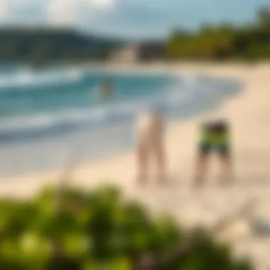 A scenic beach setting showcasing various styles of Volcom Mod Tech boardshorts