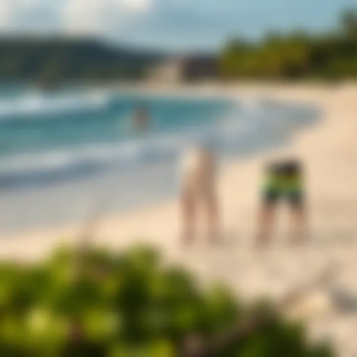 A scenic beach setting showcasing various styles of Volcom Mod Tech boardshorts