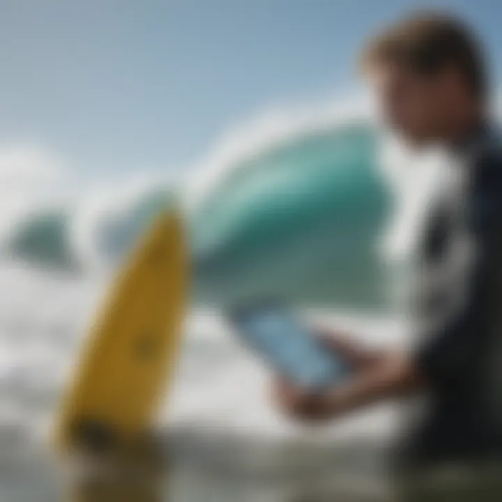 A surfer analyzing wave data on a digital device