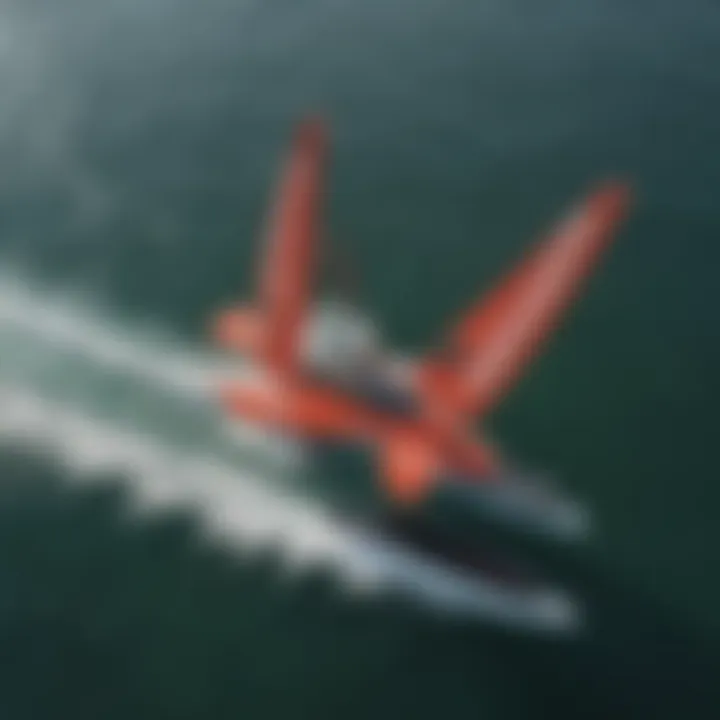 An aerial view of wing foiling action on the water