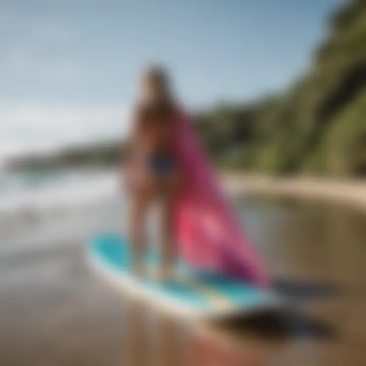 A vibrant surf changing towel draped over a surfboard