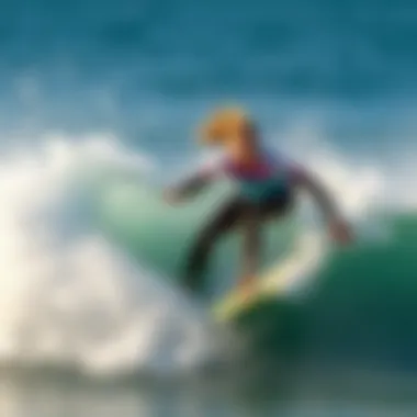 Skill and Determination in Surfing An accomplished female surfer riding a powerful wave, showcasing skill and determination