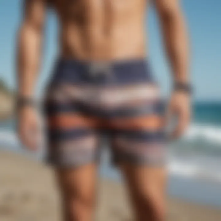 Seasonal board shorts collection displayed on a beach