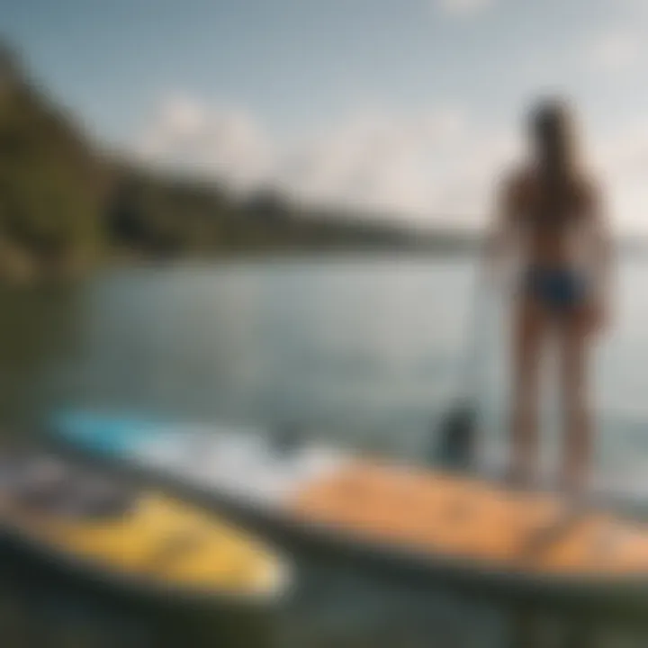 Illustration of a person weighing various paddle boards to determine optimal size.