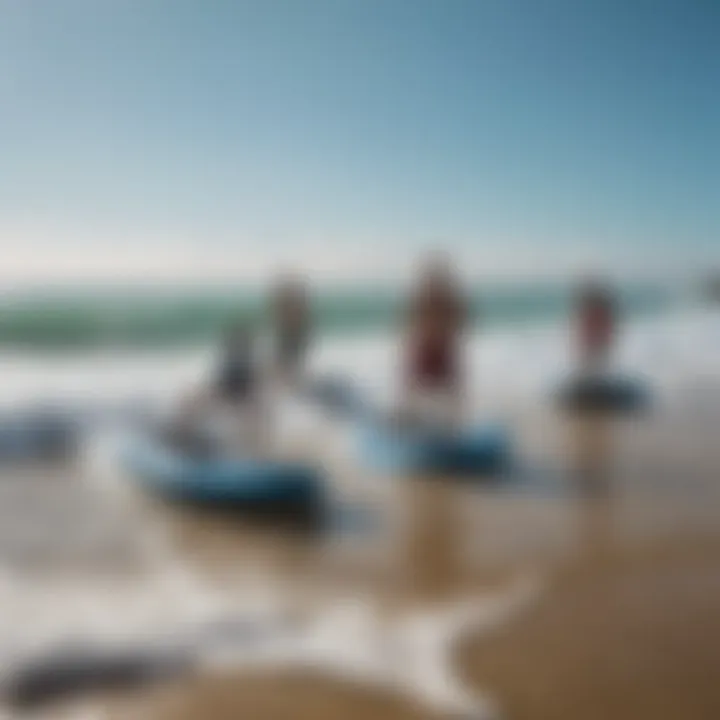 A group of friends enjoying riding inflatable boogie boards on crystal-clear waves