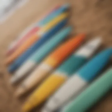 A range of surfboard shapes displayed on a vibrant beach backdrop.