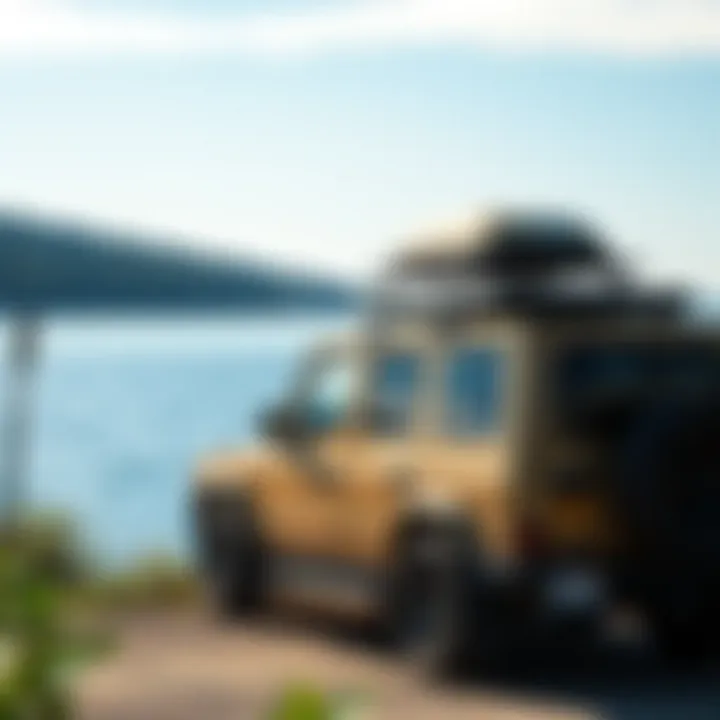 Vehicle Parked by Water with Roof Rack A scenic view of a vehicle parked near a water body, showcasing the roof rack in use