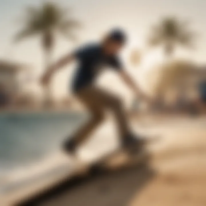 A bustling skate park and beach scene, illustrating the lifestyle interwoven with surf and skate brands.