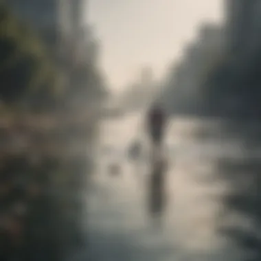 Paddleboarder navigating through littered waters