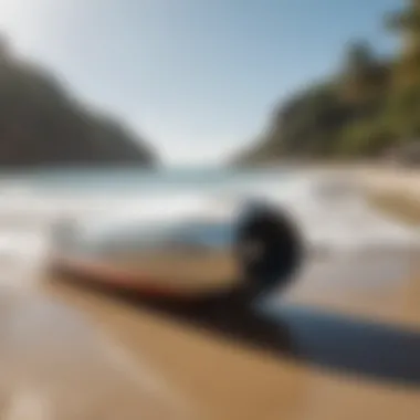 A serene beach scene with a jet engine surfboard ready for an adventure