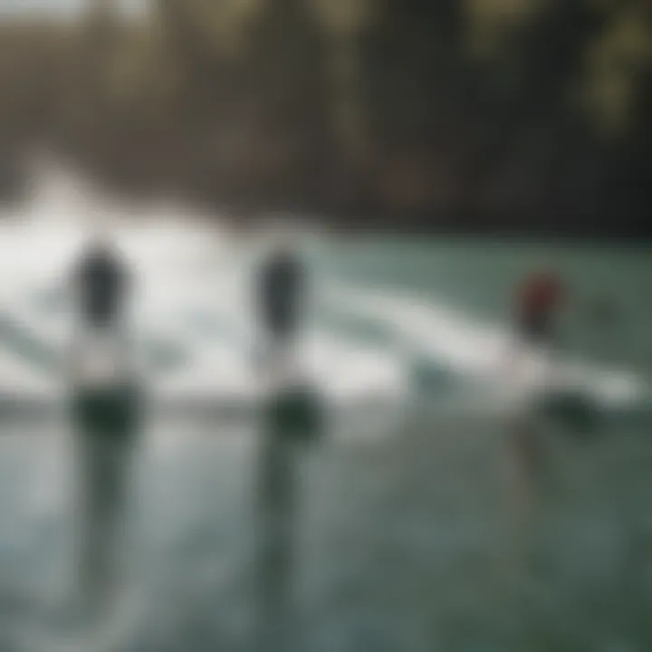 Group of enthusiasts testing jet propelled surfboards on water