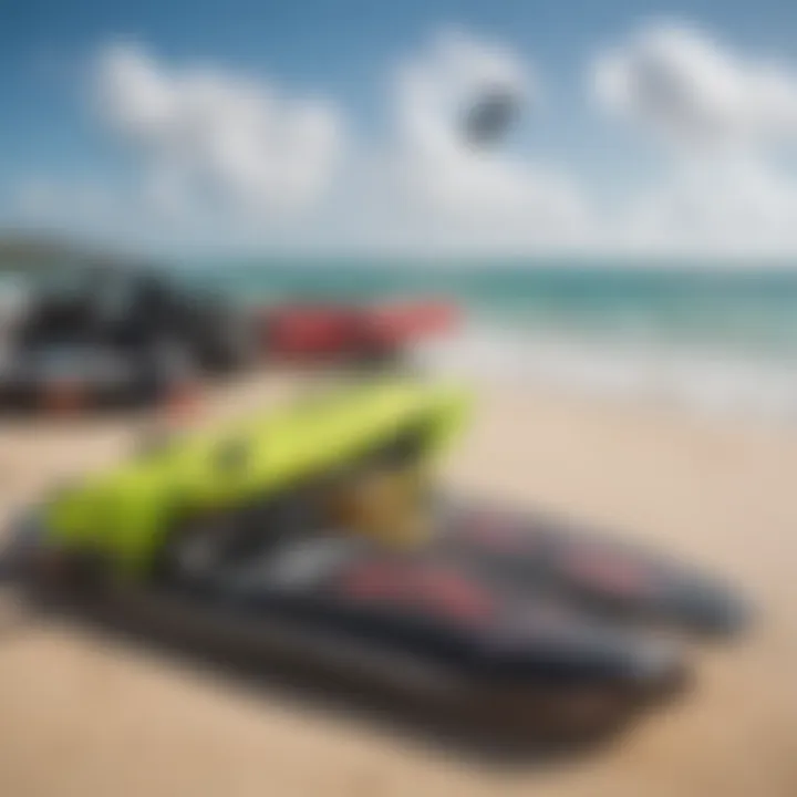 Close-up of kite surfing gear laid out on the beach