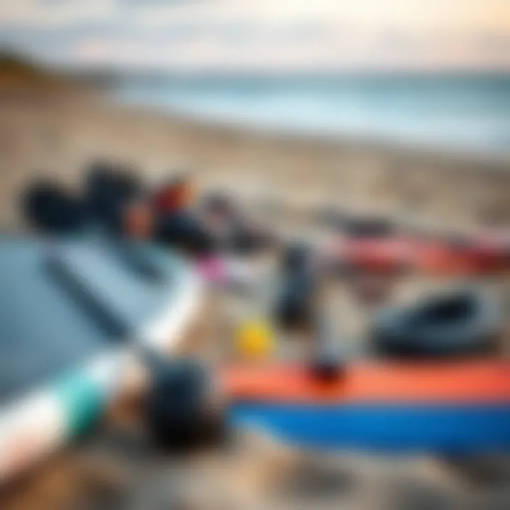 Kite surfing equipment laid out on the beach