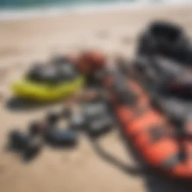 Essential kiteboarding gear laid out on the beach, showcasing safety equipment and kites.