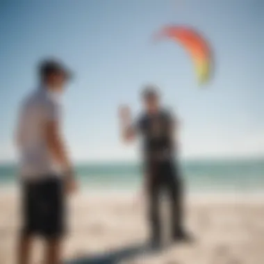 An instructor demonstrating kite control techniques to eager students on the sandy shore.