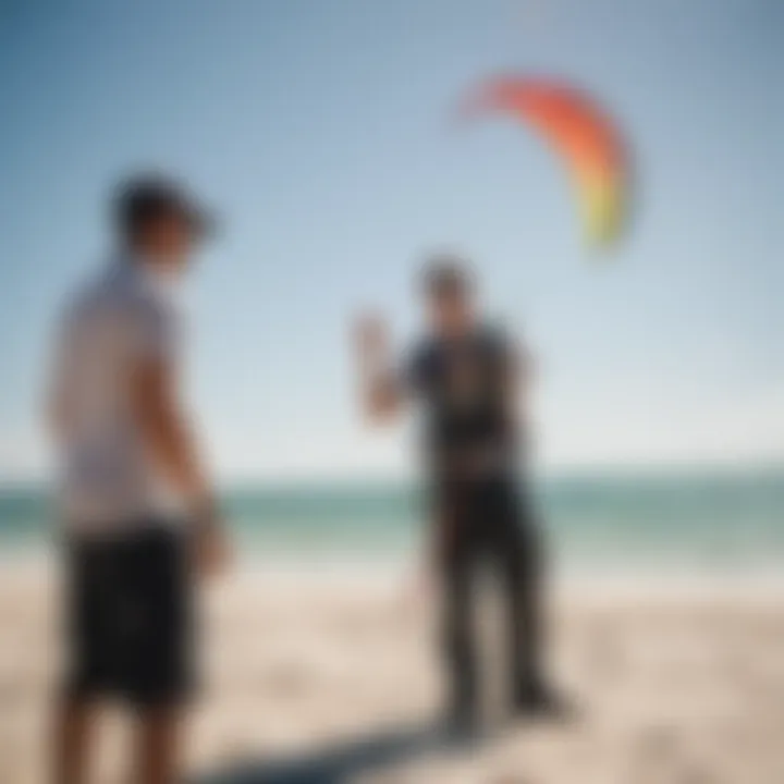 An instructor demonstrating kite control techniques to eager students on the sandy shore.