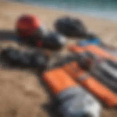 Safety gear laid out for kiteboarding, emphasizing the importance of safety in the sport.