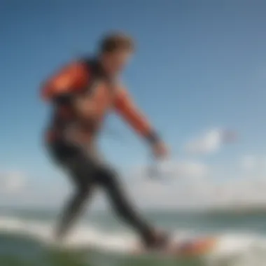 Close-up view of a kiteboarder controlling a training kite demonstrating proper technique.