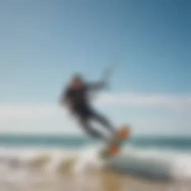 A vibrant beach scene with kitesurfers in action against a clear blue sky.