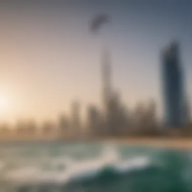 The stunning skyline of Dubai serves as a backdrop for an exhilarating kitesurfing experience.