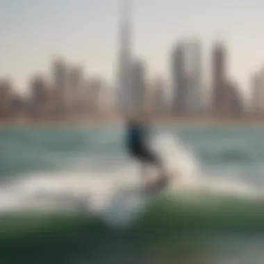 A kitesurfer mastering techniques on the waves against the backdrop of Dubai's beautiful coastline.